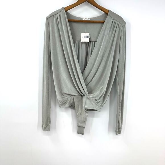 NEW Free People Turnt Crossover Bodysuit Size XS Gray Metallic Slinky Drape Boho - Picture 2 of 9